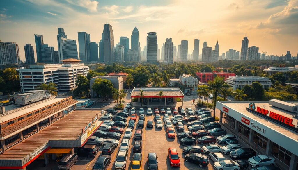 A bustling cityscape of Singapore's premier car rental locations, captured in a dynamic overhead view. The foreground showcases a variety of modern rental offices, each with distinct architectural styles and signage. In the middle ground, an array of diverse vehicle models are neatly arranged, inviting exploration. The background features the iconic skyline of Singapore, with towering skyscrapers and lush greenery creating a vibrant, metropolitan ambiance. Warm, natural lighting illuminates the scene, casting subtle shadows and highlights that accentuate the clean, efficient layout of the rental hubs. The overall atmosphere conveys a sense of convenience, accessibility, and the city's renowned efficiency in serving the needs of both residents and visitors.