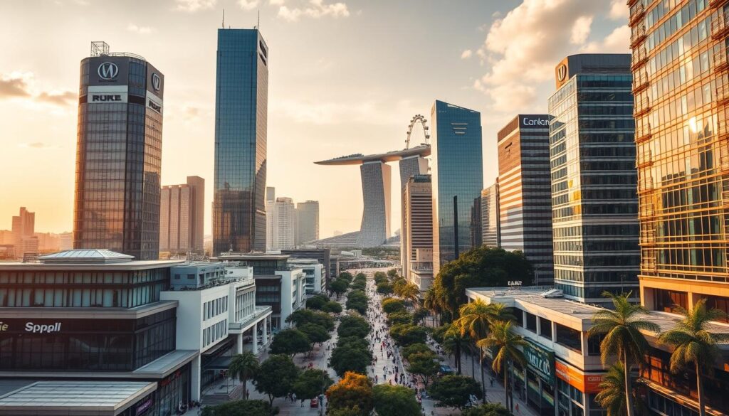 A bustling cityscape with towering skyscrapers, representing the top companies in Singapore. The foreground features modern, sleek high-rise buildings adorned with corporate logos, their glass facades gleaming in the warm, golden sunlight. In the middle ground, bustling streets are lined with trees and pedestrians, capturing the vibrant energy of a thriving business hub. The background showcases the iconic Singapore skyline, including the distinctive Marina Bay Sands and the iconic Singapore Flyer ferris wheel. The scene conveys a sense of prosperity, innovation, and global significance, befitting the leading employers recognized in Singapore.