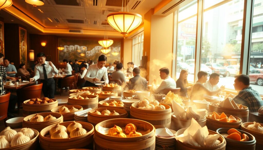A bustling dim sum restaurant, bathed in warm, golden light. In the foreground, a table overflows with an array of traditional Cantonese delicacies - steaming bamboo baskets of juicy pork buns, delicate shrimp dumplings, and fragrant lotus leaf-wrapped rice. In the middle ground, servers in crisp uniforms deftly navigate the crowded dining room, delivering fresh plates to eager diners. Through the large windows, a glimpse of a lively city street outside, hinting at the vibrant atmosphere of a weekend in Singapore. The scene exudes a sense of community, indulgence, and the rich cultural heritage of dim sum.