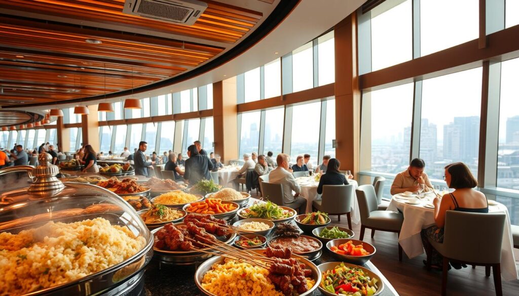 A bustling dining hall in Singapore, filled with the aroma of diverse cuisines. In the foreground, a lavish buffet spread showcases an array of local delicacies - steaming rice dishes, sizzling satay skewers, and vibrant salads. Mid-ground, patrons seated at elegantly set tables enjoy their meal, engaged in lively conversation. The background features large windows offering a panoramic view of the city skyline, bathed in warm, natural lighting. The overall atmosphere exudes a sense of energy and cultural celebration, inviting guests to savor the unique flavors and ambiance of a Singaporean lunch buffet experience.