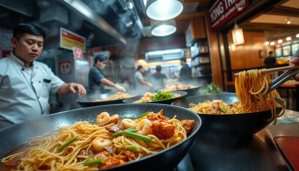 A bustling eatery in East Singapore, Yong Huat Hokkien Mee showcases a mouthwatering display of steaming noodles, glistening with a rich, soy-based sauce. In the foreground, a skilled chef carefully tosses the noodles, woks sizzling with the aroma of shrimp, pork, and crispy fried lard. The middle ground reveals vibrant green chives and crunchy bean sprouts, complementing the medley of flavors. In the background, the restaurant's cozy ambiance is illuminated by warm, inviting lighting, creating a welcoming atmosphere for diners to savor this iconic Singaporean dish. Captured with a wide-angle lens, this image captures the essence of Yong Huat Hokkien Mee, a must-try eatery that epitomizes the rich culinary heritage of East Singapore.