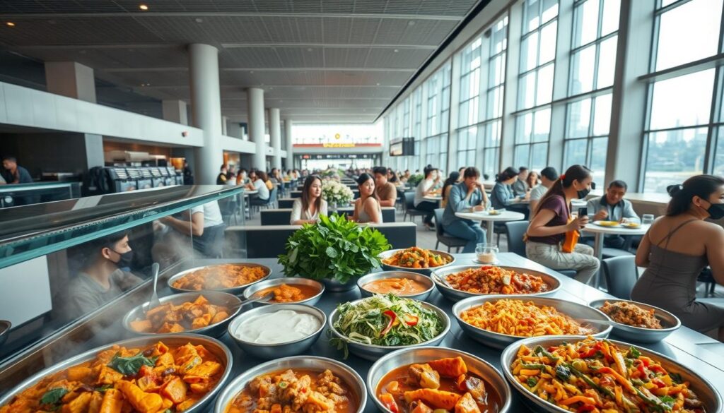 A bustling food court in Changi Airport, bathed in natural light from the floor-to-ceiling windows. In the foreground, a vibrant selection of vegetarian dishes - steaming curries, fragrant stir-fries, and colorful salads. The middle ground features diners contentedly enjoying their meals, while the background showcases the airport's modern, sleek architecture. A sense of calm and tranquility pervades the scene, with muted tones and soft shadows creating a serene atmosphere. The lighting is soft and even, accentuating the textures and colors of the food. The camera is positioned at a slightly elevated angle, providing a panoramic view of the entire food court.