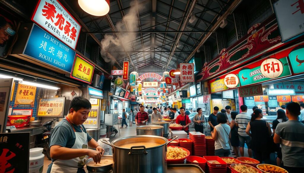 A bustling hawker center filled with vibrant, uniquely designed lor mee stalls. In the foreground, a stall owner meticulously prepares the signature dish, steam rising from a large pot of fragrant broth. The middle ground showcases a diverse array of stalls, each with its own distinct signage, color palette, and architectural style, creating a visually captivating scene. The background is framed by the lively atmosphere of the hawker center, with patrons eagerly awaiting their orders. The lighting is warm and natural, casting a cozy glow over the entire setting. The scene is captured with a wide-angle lens, allowing the viewer to fully immerse themselves in the vibrant and authentic Singaporean street food experience.