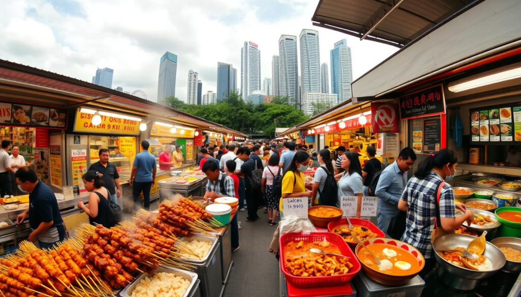 A bustling hawker center in the heart of Singapore, filled with an array of vibrant culinary delights. In the foreground, an enticing display of sizzling satay skewers, steaming bowls of laksa, and fragrant plates of Hainanese chicken rice. In the middle ground, patrons eagerly queue at various stalls, eager to sample the diverse flavors that make up the country's renowned cuisine. The background is a panorama of towering skyscrapers and lush greenery, setting the stage for this quintessential Singaporean gastronomic experience. Warm, diffused lighting casts a inviting glow, while a wide-angle lens captures the energy and excitement of this culinary journey.