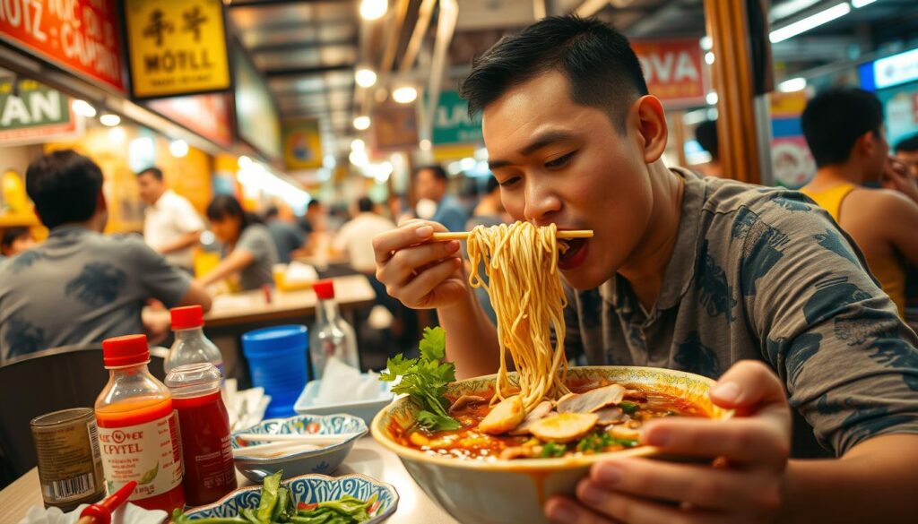 A bustling hawker center, the aroma of freshly cooked lor mee wafting through the air. A local enjoys the dish, slurping noodles and savoring the rich, savory gravy, surrounded by the chatter of fellow diners. The table is adorned with condiments and chili sauce, ready to be customized to individual tastes. Vibrant greens, crisp fritters, and tender pork slices add texture and depth to the bowl. Warm, golden lighting casts a cozy glow, capturing the essence of a quintessential Singaporean dining experience. The scene invites the viewer to immerse themselves in the authentic flavors and atmosphere of this beloved local delicacy.