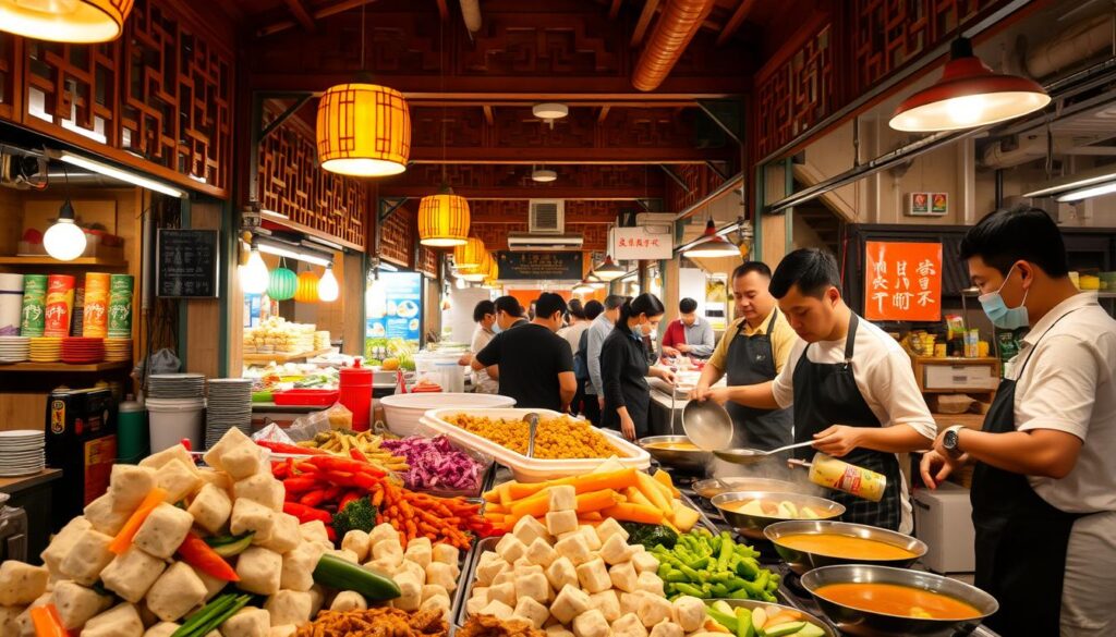 A bustling hawker center with vibrant stalls serving up piping hot yong tau foo. In the foreground, a display of freshly prepared ingredients - tofu puffs, fish balls, and an array of vegetables. The stall owners skillfully assemble the orders, ladling out the hot broth. Intricate wooden structures create a cozy, traditional atmosphere, while the gentle hum of chatter and sizzling woks fill the air. Warm, golden lighting casts a welcoming glow, inviting patrons to savor the flavors of this Singaporean street food staple. The scene captures the essence of top-rated yong tau foo stalls, where quality and time-honored recipes reign supreme.