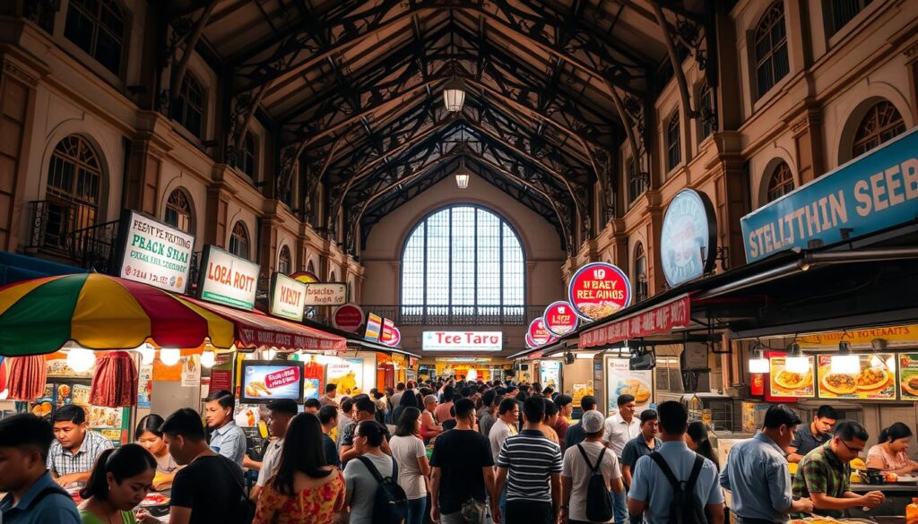 A bustling hawker centre in Singapore, with a vibrant array of food stalls and bustling crowds. The foreground features a diverse selection of Malay delicacies, from fragrant nasi goreng to mouthwatering rendang. Colorful umbrellas and signage add to the lively atmosphere. In the middle ground, people can be seen enjoying their meals, sharing laughter and conversation. The background showcases the architectural charm of the hawker centre, with its open-air layout and intricate details. Warm, diffused lighting creates a cozy and inviting ambiance, capturing the essence of Malay cuisine and culture in this iconic Singaporean setting.