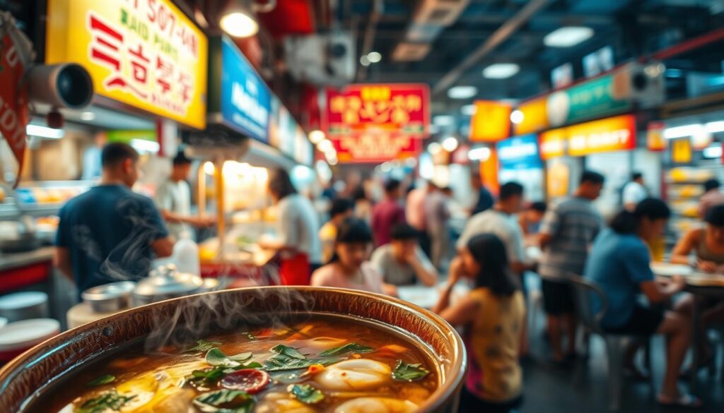 A bustling hawker centre, its vibrant stalls illuminated by warm, soft lighting. In the foreground, a steaming bowl of aromatic soup, its broth shimmering with fresh herbs and spices. Tendrils of steam rise, hinting at the depth of flavor within. In the middle ground, a diverse array of diners savoring their meals, their faces animated with contentment. The background blurs into a cacophony of activity - sizzling woks, clattering dishes, and the lively chatter of the crowd. Capture the essence of a quintessential Singaporean hawker experience, a hidden gem that showcases the country's vibrant food culture.