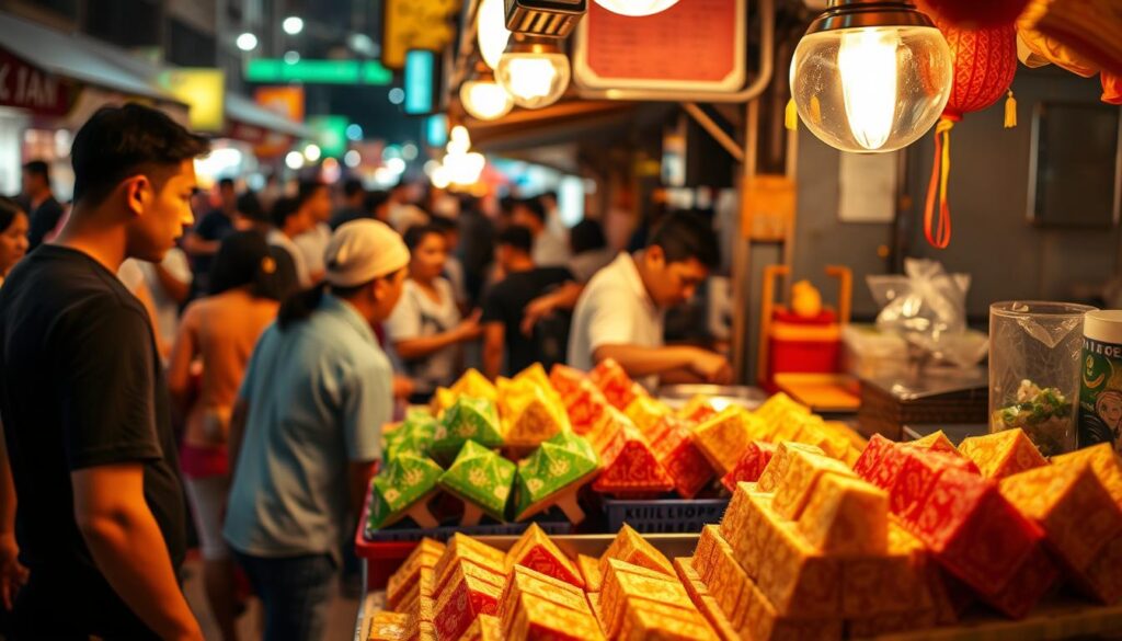 A bustling hawker stall in a vibrant Singaporean night market. In the foreground, a colorful display of traditional Kuih Lopes, their intricate patterns and vibrant hues inviting passersby. The middle ground reveals the stall's owner, skillfully preparing the delicacies using time-honored techniques. Behind them, a lively crowd of locals and tourists, immersed in the lively atmosphere of the market. Warm, golden lighting casts a cozy glow over the scene, capturing the welcoming ambiance of this beloved Singaporean culinary tradition.