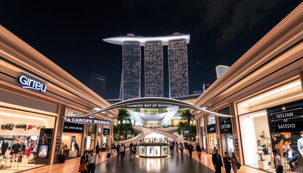 A bustling, high-end shopping district at the iconic Marina Bay Sands complex in Singapore. In the foreground, elegant boutiques and luxury retail stores line a wide, well-lit promenade, their displays showcasing the latest designer fashions and accessories. The middle ground features a grand, modern architectural structure with a distinctive, curved roofline casting dramatic shadows across the scene. In the background, the iconic, triple-towered Marina Bay Sands hotel rises majestically, its glass facade reflecting the vibrant city skyline. Soft, warm lighting illuminates the scene, creating a sense of affluence and exclusivity. The overall atmosphere exudes sophistication, opulence, and the pinnacle of luxury shopping experiences.