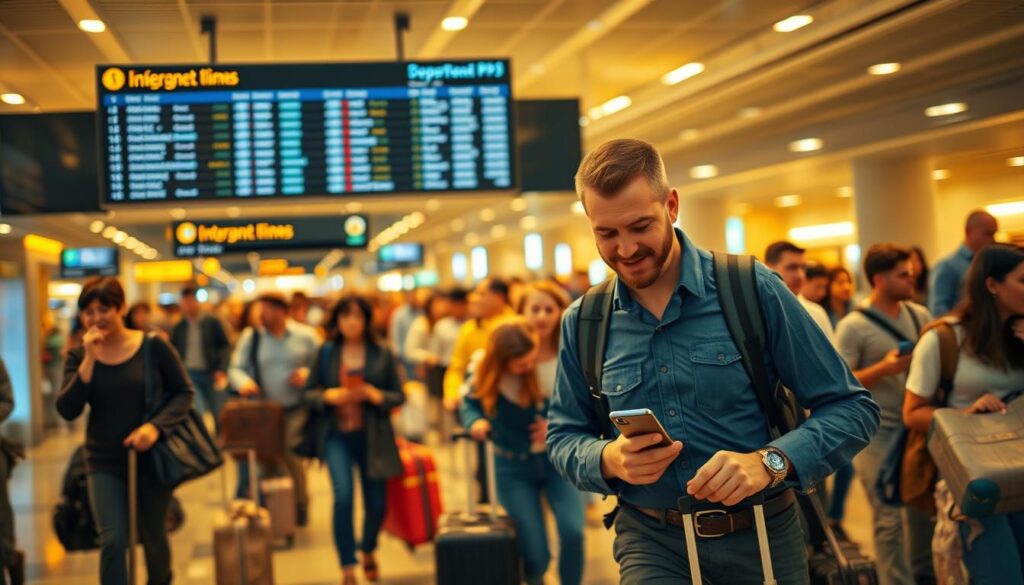 A bustling international airport terminal with departing passengers rushing through, their carry-on luggage in hand. The scene is illuminated by warm, golden lighting that casts a welcoming glow. In the foreground, a businessman taps on his smartphone, likely checking his international roaming plan. In the middle ground, a family gathers around a departure board, examining their flight details. The background is filled with a diverse array of travelers, their expressions conveying both excitement and anticipation for their journeys abroad. The overall atmosphere evokes a sense of global connectivity and the ease of staying connected while on the move.