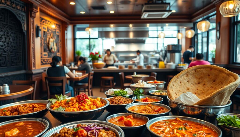 A bustling, inviting Indian vegetarian restaurant in Singapore, with a warm, vibrant atmosphere. In the foreground, a colorful array of traditional vegetarian dishes, such as fragrant curries, flavorful dals, and freshly baked naan. The middle ground features the restaurant's interior, with intricate wood carvings, vibrant textiles, and brass accents, creating an authentic ambiance. In the background, a bustling open kitchen, where skilled chefs prepare the dishes with care and precision. Soft, diffused lighting casts a cozy glow, and large windows allow natural light to filter in, giving the space a welcoming, airy feel. The overall scene evokes the rich cultural heritage and delicious flavors of Indian vegetarian cuisine, perfectly capturing the essence of this vibrant dining experience.