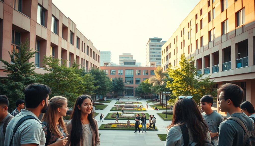 A bustling junior college campus, bathed in warm, natural light. In the foreground, a group of students engaged in lively discussion, their faces animated as they exchange ideas. The middle ground reveals an inviting courtyard, with modern architecture and lush greenery creating a serene, contemplative atmosphere. In the background, towering structures housing state-of-the-art facilities and laboratories, symbolizing the institution's commitment to academic excellence. The overall scene radiates a sense of intellectual curiosity, collaboration, and the transformative potential of a well-chosen junior college environment.