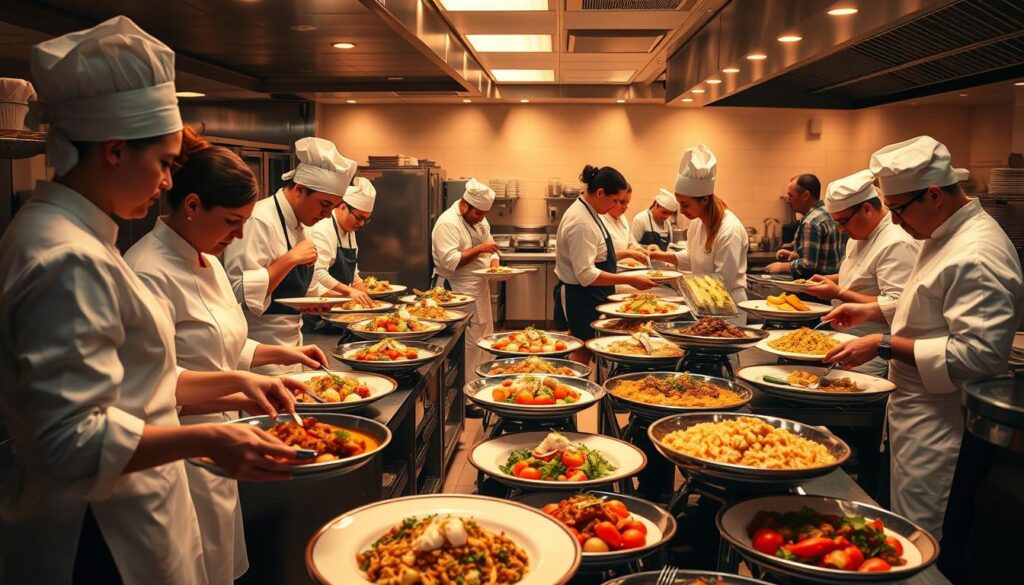 A bustling kitchen filled with a team of skilled chefs and servers, expertly preparing an array of mouthwatering dishes for a catering event. The scene is lit with warm, golden tones, creating a cozy and inviting atmosphere. In the foreground, a team of caterers dressed in crisp, white uniforms carefully arrange platters of beautifully presented food, while in the middle ground, chefs can be seen sautéing, chopping, and plating the dishes with precision. The background is a modern, well-equipped kitchen, complete with stainless steel appliances and a clean, professional aesthetic. The overall mood is one of efficiency, attention to detail, and a passion for delighting customers with exceptional culinary experiences.