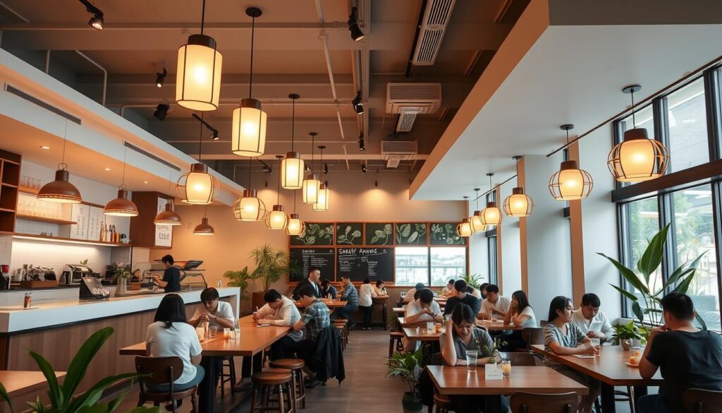 A bustling modern chaan teng, its sleek counters and open-plan layout bathed in warm, diffuse lighting from elegant pendant lamps. Patrons sit at communal tables, sipping frothy milk tea and savoring flaky, golden egg tarts. The space is adorned with minimalist decor, blending traditional Singaporean influences with a contemporary flair. Vibrant plant life and muted earth tones create a serene, inviting ambiance, offering a refined twist on the classic kopitiam experience.