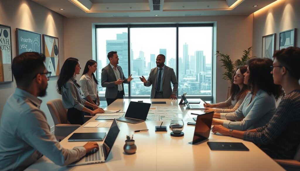 A bustling office interior, with a team of professionals gathered around a sleek conference table, reviewing project plans and schedules. Soft lighting casts a warm glow, accentuating the modern, minimalist decor. In the foreground, a project manager stands, gesturing to a large digital display, guiding the discussion. Paperwork, laptops, and various stationery items are neatly arranged, conveying a sense of organization and efficiency. The walls are adorned with inspirational artwork, hinting at the creative energy that drives the team's work. Through the large windows, a cityscape of high-rise buildings can be seen, suggesting the scale and impact of the project at hand.