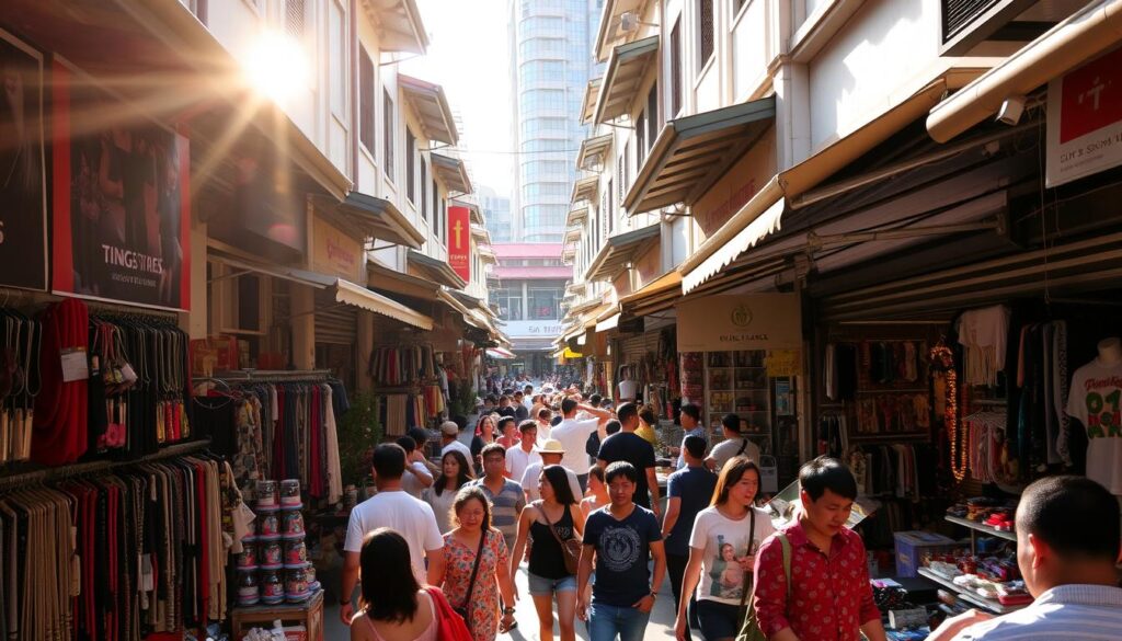 A bustling open-air market in Singapore, Bugis Street is a vibrant hub of activity. Narrow stalls line the winding walkways, their colorful awnings and displays of clothing, accessories, and trinkets creating a lively, immersive atmosphere. Sunlight filters through the gaps, casting a warm glow over the scene. In the foreground, shoppers browse the diverse wares, haggling with vendors. The middle ground is filled with the energy of the crowd, people weaving between the stalls. Farther back, the market's distinctive architecture - a mix of modern and heritage influences - forms the backdrop, giving a sense of the location's character. An energetic, atmospheric snapshot of one of Singapore's most iconic shopping destinations.