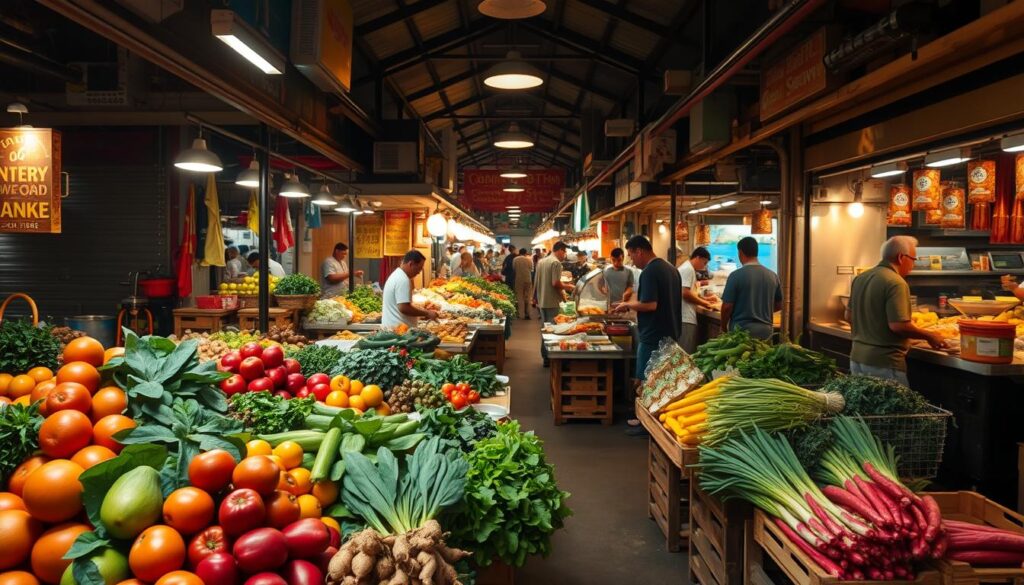 A bustling open-air market in Singapore, Ghim Moh Market & Food Centre is a vibrant hub of culinary delights. In the foreground, a colorful array of fresh produce - ripe tropical fruits, leafy greens, and vibrant root vegetables - are artfully displayed on wooden stalls. The middle ground is alive with vendors preparing and serving an array of local hawker fare, from steaming bowls of noodles to sizzling satay skewers. The background is dotted with the lively chatter of patrons and the hum of activity, creating an immersive atmosphere of a quintessential Singaporean market experience. Warm, directional lighting casts a golden glow, highlighting the textures and colors of the scene. The overall composition conveys a sense of energy, community, and the culinary richness that defines this iconic food destination.