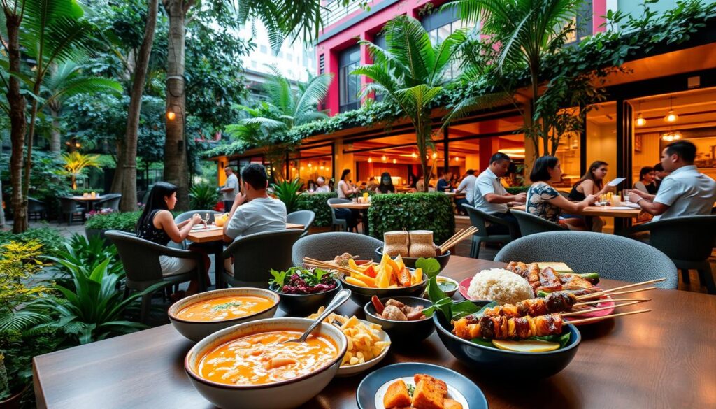 A bustling open-air restaurant tucked within the lush gardens of the Singapore Marriott Tang Plaza Hotel. In the foreground, a table adorned with traditional Singaporean delicacies - fragrant laksa, flavorful nasi goreng, and mouthwatering satay skewers. Patrons savor the diverse flavors, engaged in lively conversation against a backdrop of verdant foliage and a vibrant, modern architectural aesthetic. Soft, warm lighting casts a cozy glow, creating an intimate, authentic dining experience. A sense of discovery and cultural immersion permeates the scene, inviting guests to indulge in the best of local Singaporean cuisine.