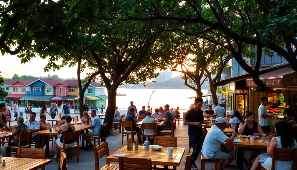 A bustling outdoor dining scene along the East Singapore coastline. In the foreground, wooden tables and chairs are set up under a canopy of lush, leafy trees. Patrons savor local delicacies, their chatter and laughter filling the air. In the middle ground, colorful shophouses and hawker stalls line the streets, their vibrant facades reflecting the energy of the neighborhood. In the background, the glistening waters of the Marina Reservoir stretch out, framed by a warm, golden sunset. Soft, diffused lighting casts a cozy, intimate atmosphere over the entire scene, drawing the viewer into the heart of this vibrant culinary destination.