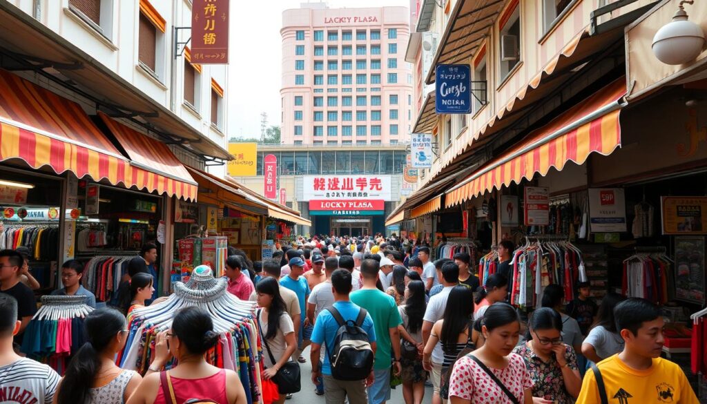 A bustling outdoor marketplace in Singapore's Lucky Plaza, showcasing a vibrant array of budget-friendly shops and stalls. The foreground features a diverse crowd of shoppers browsing through colorful racks of clothes, accessories, and souvenirs. In the middle ground, storefront awnings and signage create a lively, textured backdrop. The background captures the iconic architecture of Lucky Plaza, with its distinctive facade and the surrounding urban landscape. Warm, natural lighting illuminates the scene, creating a welcoming and lively atmosphere. Captured from a slightly elevated angle, the image conveys the energy and excitement of this budget-friendly shopping destination.