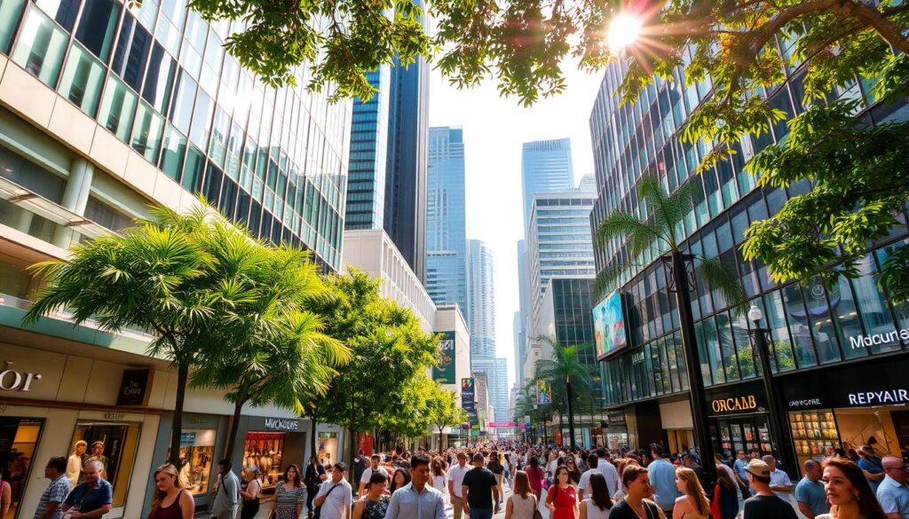 A bustling outdoor shopping district along the iconic Orchard Road in Singapore, with towering modern malls and lush tropical foliage in the foreground. Sunlight filters through the canopy, casting warm shadows across the bustling crowds of shoppers strolling past high-end boutiques and department stores. The scene has a vibrant, cosmopolitan atmosphere, reflecting Singapore's reputation as a global shopping destination. Sleek glass facades reflect the city's skyscrapers in the distance, creating a striking juxtaposition of old and new. The overall composition conveys the energy and dynamism of this renowned shopping precinct, the heart of Singapore's retail landscape.
