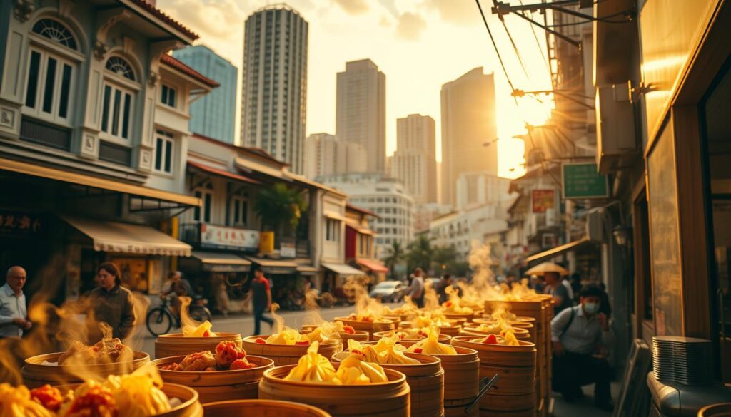 A bustling street in Singapore, bathed in warm golden light. In the foreground, an array of vibrant dim sum dishes, their steam rising invitingly. Shophouses and towering skyscrapers form the middle ground, creating a dynamic urban landscape. In the background, a network of alleys and side streets, hinting at the hidden gems waiting to be discovered. The scene exudes a sense of authentic local flavor, inviting the viewer to explore and uncover the best dim sum spots in this vibrant city.