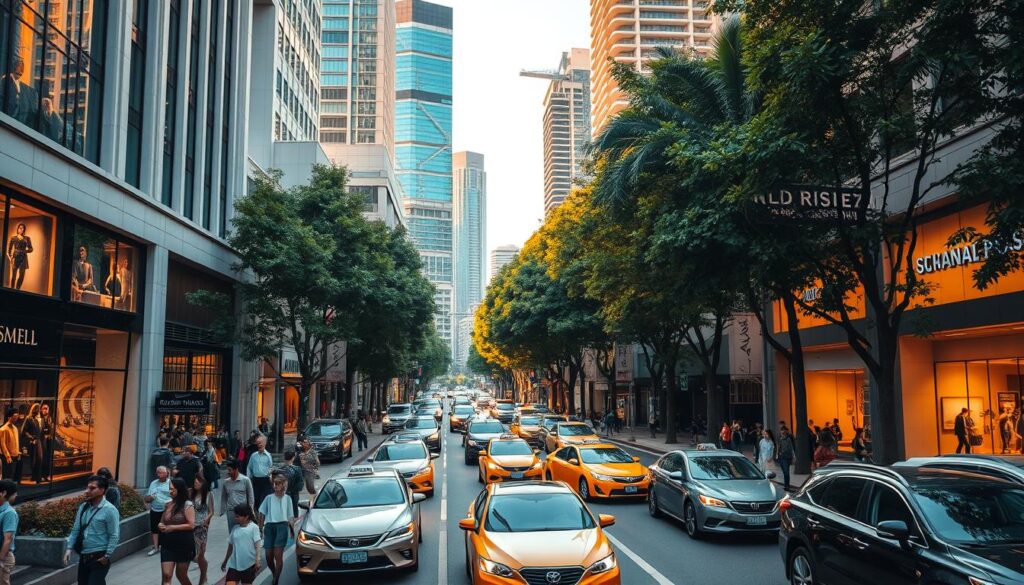 A bustling street in Singapore's premier shopping district, Orchard Road. The foreground showcases a vibrant scene of pedestrians strolling past upscale retail stores, their facades adorned with elegant window displays. In the middle ground, luxury cars and taxis weave through the traffic, while skyscrapers and high-end hotels tower overhead, casting a warm, golden glow from their illuminated windows. The background is dominated by lush, verdant trees lining the street, creating a sense of tranquility amidst the commercial energy. The overall atmosphere is one of sophisticated urban opulence, inviting visitors to immerse themselves in the ultimate shopping experience.