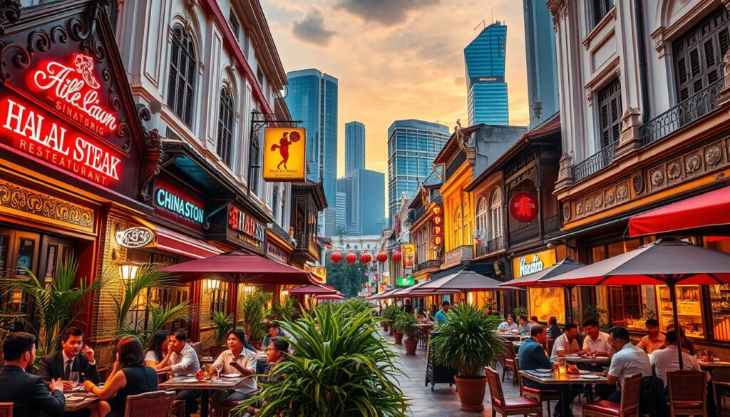 A bustling street in Singapore's vibrant Chinatown, lined with a row of charming Halal steak restaurants. The facades feature ornate architectural details and neon signs, radiating a lively, cosmopolitan ambiance. In the foreground, smartly dressed diners enjoy succulent steaks on outdoor terraces, surrounded by lush greenery and colorful umbrellas. The middle ground showcases the intricate tile work and intricate facades, while the background features towering skyscrapers and a hazy, golden sunset sky. The scene is illuminated by warm, soft lighting that casts a cozy, inviting glow over the entire setting.