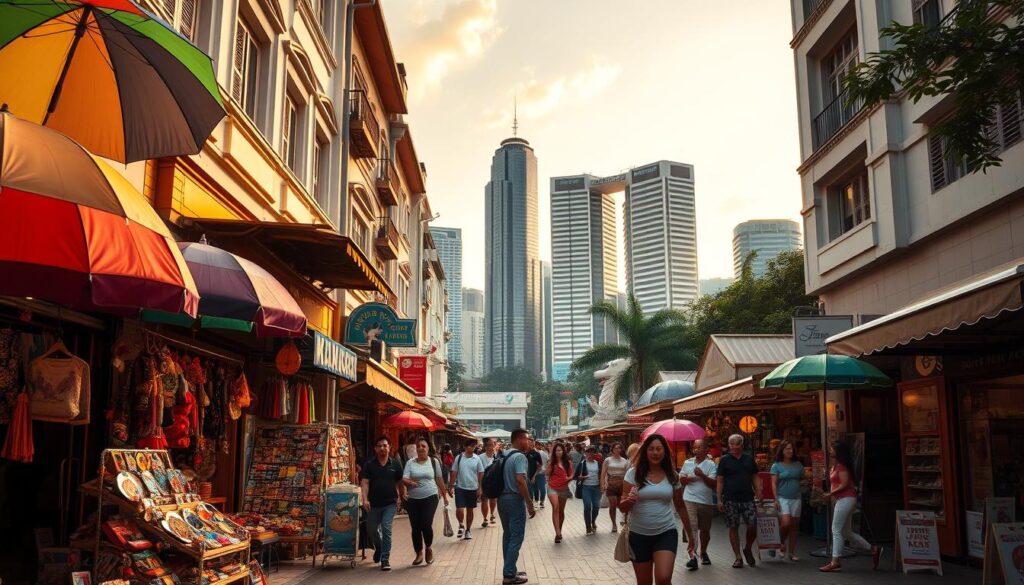 A bustling street in the heart of Singapore, lined with vibrant storefronts and lively pedestrian traffic. In the foreground, colorful umbrellas and handcrafted souvenirs spill out from the shop entrances, enticing passersby. The middle ground features shoppers meandering through the lively scene, bags in hand, capturing the energy of the local markets. In the background, towering skyscrapers and iconic landmarks like the Merlion statue create a distinctive Singaporean skyline, bathed in warm, golden afternoon light. An overall sense of cultural dynamism and the promise of unique, unforgettable shopping experiences permeates the scene.