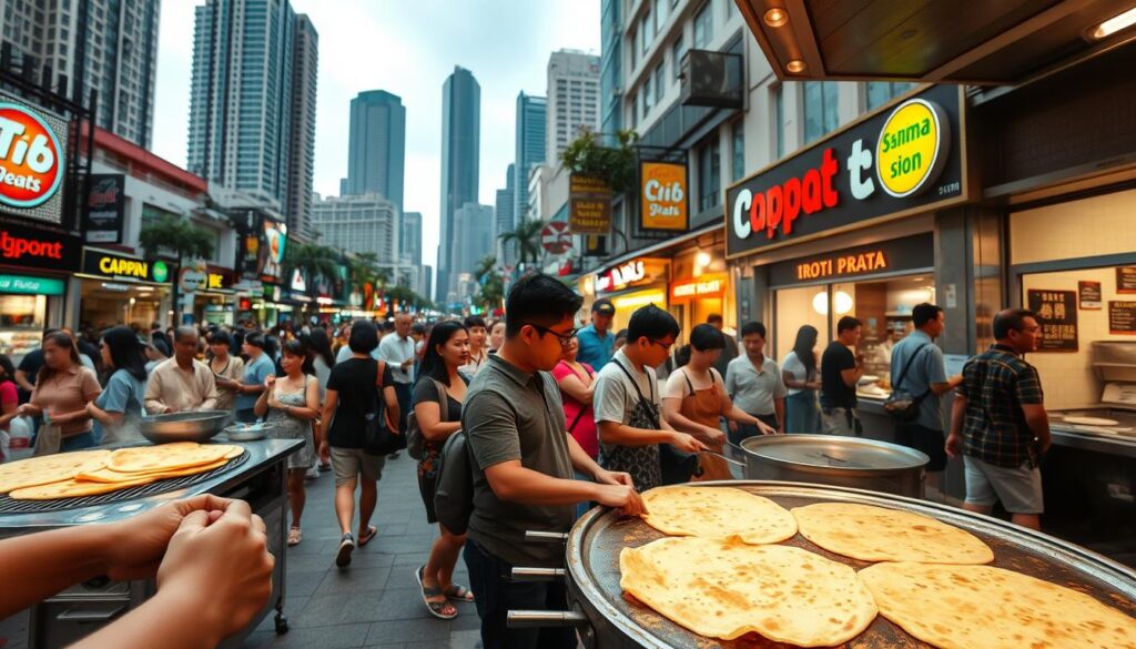A bustling street scene in the heart of Singapore, showcasing the vibrant and aromatic world of top roti prata spots. In the foreground, a vibrant display of golden, flaky prata being freshly cooked on a sizzling griddle, with skilled hands deftly manipulating the dough. Customers eagerly await their orders, chatting and laughing amongst the lively atmosphere. In the middle ground, the inviting storefronts of renowned prata establishments, their signage and decor reflecting the rich cultural heritage. The background is a tapestry of towering skyscrapers and bustling pedestrian activity, creating a dynamic, cosmopolitan setting. Warm, diffused lighting illuminates the scene, evoking a sense of comfort and authenticity. The overall composition captures the essence of Singapore's vibrant and beloved roti prata culture.