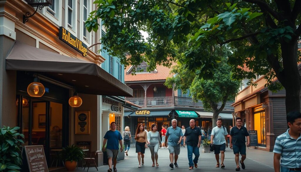A bustling streetscape in Holland Village, Singapore, showcasing a local favorite establishment. The foreground features the storefront of a quaint cafe, with its charming retro-style awning and inviting outdoor seating area. Passersby stroll along the vibrant sidewalk, evoking a lively neighborhood atmosphere. In the middle ground, traditional shophouses line the street, their colorful facades and intricate architectural details adding to the character of the scene. The background is framed by lush, verdant foliage, creating a sense of warmth and tranquility. Warm, diffused lighting casts a cozy glow over the entire composition, capturing the inviting ambiance of this beloved local haunt.