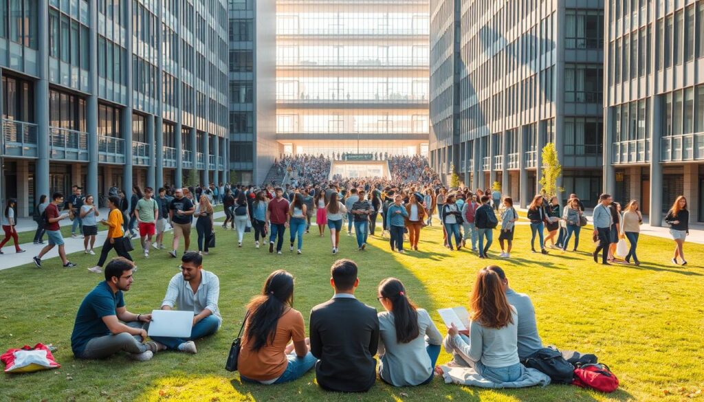 A bustling university campus, students gathered on a lush green lawn, engaged in lively discussions and group activities. In the foreground, a diverse group of young adults, dressed in casual attire, sit together on the grass, laptops and textbooks in hand, collaborating on a project. In the middle ground, a crowd of students move purposefully between modern, multi-story buildings, their faces alight with curiosity and determination. In the background, a striking architectural facade, a blend of glass and steel, frames the scene, casting warm, diffused sunlight across the entire tableau. The overall atmosphere is one of intellectual vibrancy, social engagement, and a sense of endless possibility, capturing the essence of polytechnic student life.