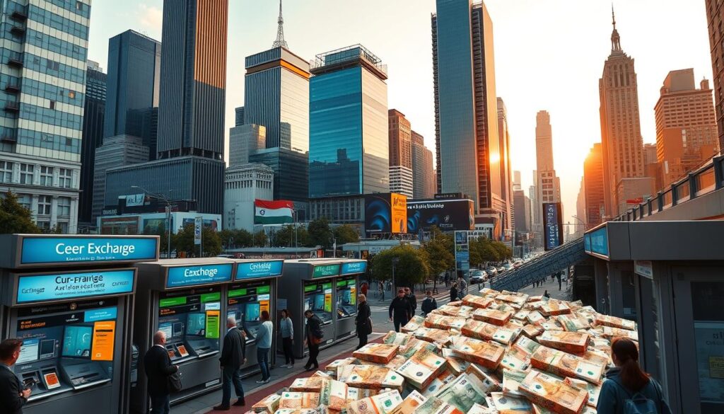 A bustling urban landscape, with towering skyscrapers and a vibrant street scene. In the foreground, a variety of currency exchange booths and kiosks, each offering different services and rates. Travelers and locals alike navigate the options, comparing exchange rates and fees on sleek digital displays. The middle ground features a diverse array of international currencies, cascading across the scene like a mosaic. In the background, the cityscape is illuminated by warm, golden-hour lighting, creating a sense of energy and dynamism. The overall atmosphere conveys the idea of financial flexibility and the ability to access a range of currency exchange options in a modern, metropolitan setting.