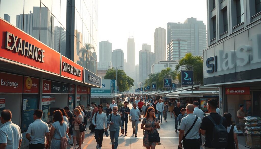 A bustling urban scene of currency exchange locations in Singapore, illuminated by warm, natural lighting from the afternoon sun. In the foreground, a row of modern, glass-fronted exchange offices, their signs and logos prominently displayed. People of diverse backgrounds queue patiently, conducting their transactions at the counters. In the middle ground, pedestrians briskly navigate the sidewalks, passing by bustling storefronts and street vendors. The background features a skyline of towering skyscrapers, reflecting the city's financial prowess. An atmospheric, documentary-style composition that captures the vibrant activity and convenience of these essential money-changing hubs.