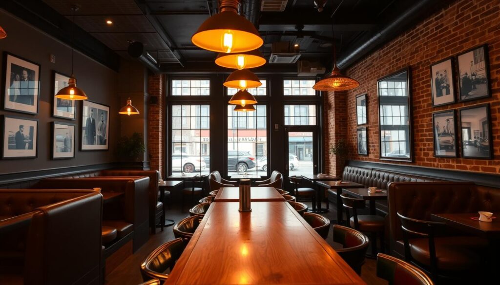 A casual steakhouse interior with a warm, inviting atmosphere. A wooden bar with brass accents dominates the foreground, surrounded by cozy leather booths and tables. Soft lighting from vintage pendant lamps creates a mellow ambiance, while large windows in the middle ground offer a glimpse of an urban streetscape outside. The background features exposed brick walls adorned with framed black-and-white photography, adding an industrial-chic touch. The overall mood is one of relaxed sophistication, where patrons can enjoy quality steaks and craft cocktails in a laid-back setting.