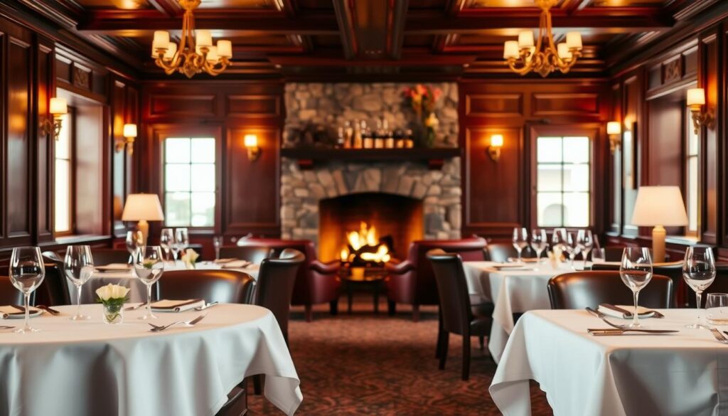 A classic steakhouse interior with warm, intimate lighting and rich, mahogany furnishings. In the foreground, a white-linen-draped table set with polished silverware and crystal glassware. A single, elegant floral centerpiece adds a touch of sophistication. In the middle ground, high-backed leather chairs and dark wooden paneled walls evoke an air of refined elegance. The background features a stone fireplace with a roaring fire, casting a cozy, inviting glow throughout the space. The overall scene exudes a timeless, sophisticated ambiance, transporting the viewer to a bygone era of exceptional dining experiences.