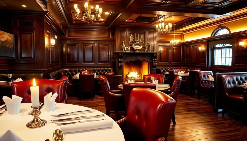 A classic steakhouse interior with warm, inviting lighting. Polished wood paneling and brass accents create an elegant, timeless ambiance. In the foreground, a table is set with crisp white linens, gleaming silverware, and a single flickering candle. In the middle ground, dark leather booths line the walls, while in the background, a large ornate fireplace crackles, casting a soft glow. Plush red leather chairs are positioned around heavy oak tables, creating an intimate and sophisticated atmosphere. The scene is captured with a wide-angle lens, emphasizing the grandeur and attention to detail that epitomizes the quintessential steakhouse experience.