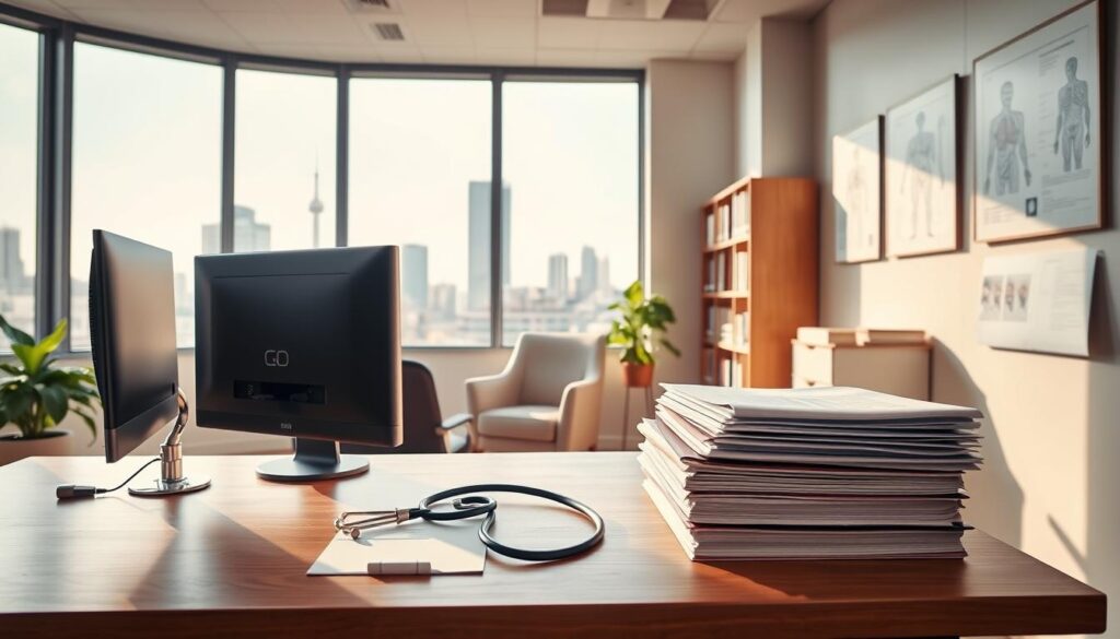 A clean, well-lit medical office interior with a large window overlooking a cityscape. In the foreground, a wooden desk with a computer, stethoscope, and a stack of medical files. In the middle ground, a comfortable armchair and a potted plant. The background features anatomical diagrams on the walls, and a bookshelf filled with medical textbooks. The lighting is soft and natural, creating a professional and reassuring atmosphere. The angle is from a slightly elevated perspective, giving a sense of order and authority. The mood is one of trust, expertise, and attention to detail - the key factors to consider when choosing a skilled cardiologist.
