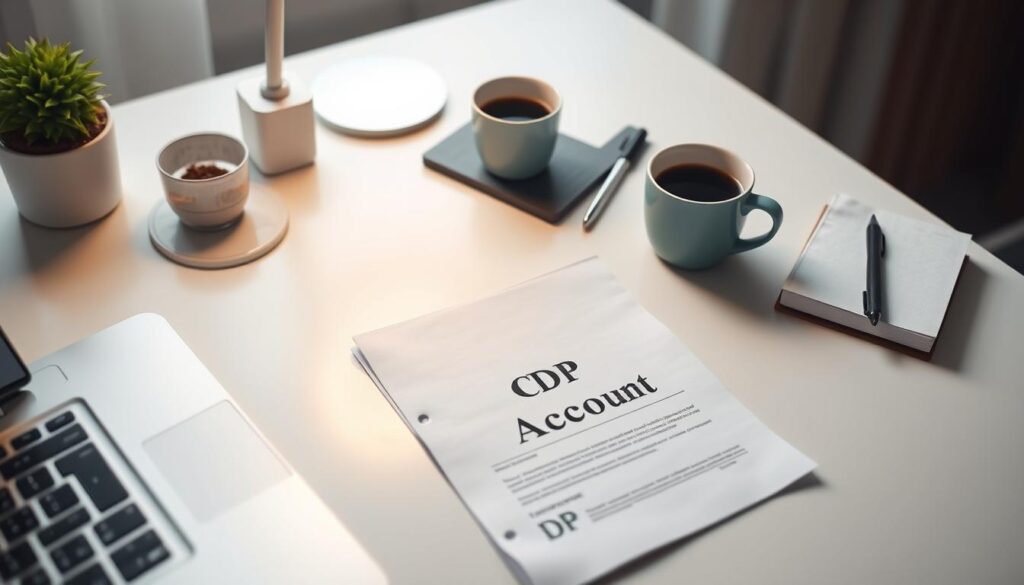 A clean, well-lit office desk with a laptop, a cup of coffee, and a financial document labeled "CDP Account". The document is the focal point, surrounded by neatly arranged office supplies and a minimalist, modern decor. The lighting is soft and diffused, creating a professional and productive atmosphere. The camera angle is slightly elevated, giving a bird's-eye view of the desk setup. The image conveys a sense of organization, attention to detail, and the importance of managing a brokerage account in the financial services industry.