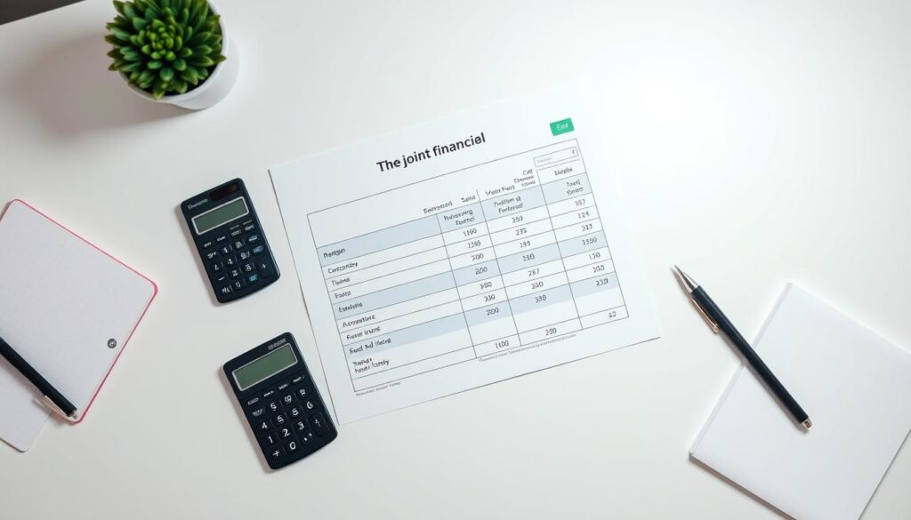 A clean, well-lit studio shot of a shared financial tool, such as a joint bank account statement or app interface, laid out on a minimalist white desk. The tool is the focal point, surrounded by a few other personal finance items like a calculator, pen, and notebook. The composition is balanced and symmetrical, with soft, even lighting from multiple angles to highlight the details. The overall mood is professional, organized, and trustworthy, conveying the reliable nature of a joint financial management platform.