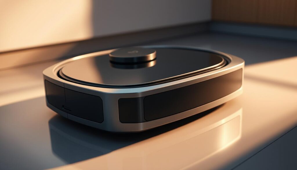 A close-up, detailed view of a sleek, modern edge cleaning device. The device has a minimalist, futuristic design, with a glossy, metallic finish and clean, angular lines. It is backlit with a soft, warm glow, casting subtle shadows and highlights that accentuate its form. The device is positioned on a smooth, reflective surface, creating a sense of depth and dimension. The lighting is directional, creating dramatic shadows and highlighting the device's unique features and mechanisms. The overall mood is one of technological sophistication and precision, perfectly suited to illustrate the "Best Robot Vacuum for Edge Cleaning: Dreame X50 Ultra".