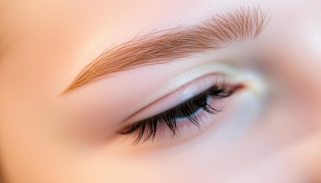 A close-up of a natural-looking eyebrow with delicate, wispy hairs meticulously embroidered using fine threads. The brow has a soft, feathery texture and a subtle arch that enhances the eye area. The lighting is soft and diffused, creating a warm, inviting atmosphere. The focus is on the intricate embroidery work, showcasing the skill and precision of the expert technician. The background is blurred, drawing the viewer's attention to the beautifully crafted eyebrow as the central subject.