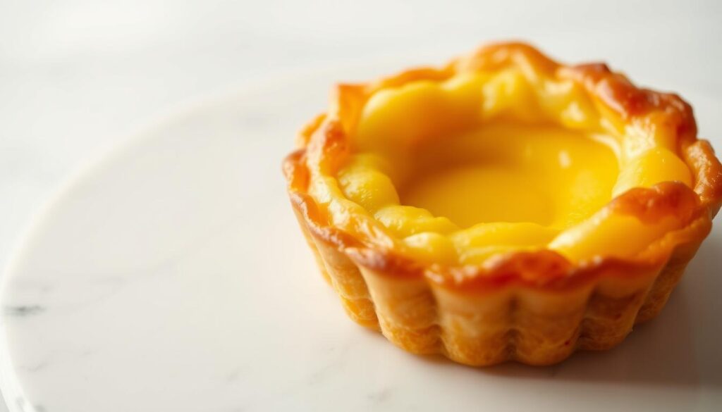 A close-up shot of a freshly baked Portuguese egg tart, showcasing its golden, flaky pastry crust and its rich, silky custard filling. The tart is presented on a clean, light-colored surface, perhaps a marble or ceramic plate, allowing the intricate details and textures to be highlighted. The lighting is soft and diffused, creating a warm, inviting atmosphere that enhances the tart's appetizing appearance. The composition places the tart prominently in the center, with a slight angle to reveal its layers and layers of crisp, buttery pastry. The overall image conveys the essence of this traditional Portuguese delicacy, a perfect representation of the "Madeleine's Original Portuguese Egg Tart & Puff: A Portuguese Treat" section of the article.