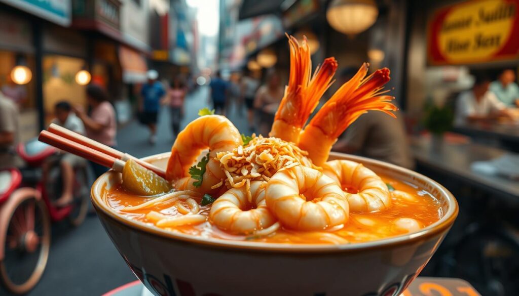 A close-up shot of a steaming bowl of prawn mee noodles, set against a backdrop of the bustling Jalan Sultan street. The noodles are cooked to perfection, with a vibrant orange-red broth that glistens under the warm, natural lighting. Plump, succulent prawns take center stage, accompanied by a medley of fresh vegetables and a sprinkling of crispy fried shallots. The scene exudes the aroma of authentic Singaporean hawker fare, inviting the viewer to savor the rich, complex flavors. A sense of comfort and indulgence permeates the image, capturing the essence of this iconic local delicacy.
