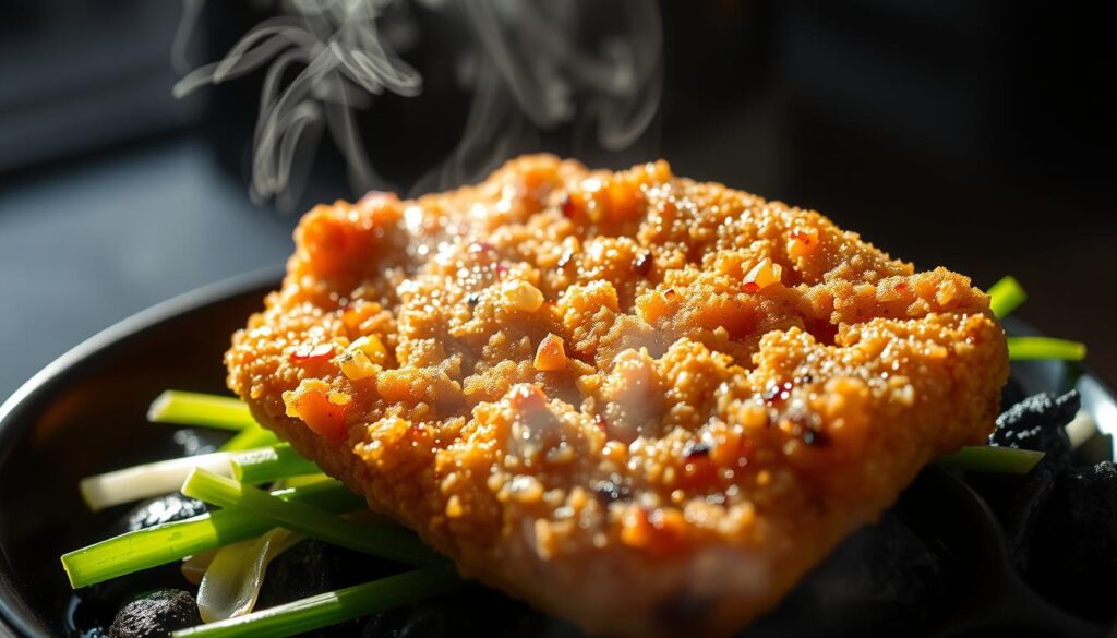 A close-up shot of a steaming, freshly grilled tonkatsu, its crispy golden-brown panko crust glistening under bright, dramatic lighting. The succulent, juicy pork cutlet is generously seasoned, resting atop a bed of charcoal-grilled scallions, creating an alluring aroma. The composition is framed by a minimalist, contemporary Korean-inspired setting, emphasizing the dish's elegant simplicity. Soft shadows and highlights accentuate the tonkatsu's texture, while a touch of glistening sauce adds a subtle sheen, hinting at the dish's delectable flavors. This captivating image exudes the essence of TONSHOU's Korean-inspired tonkatsu excellence.