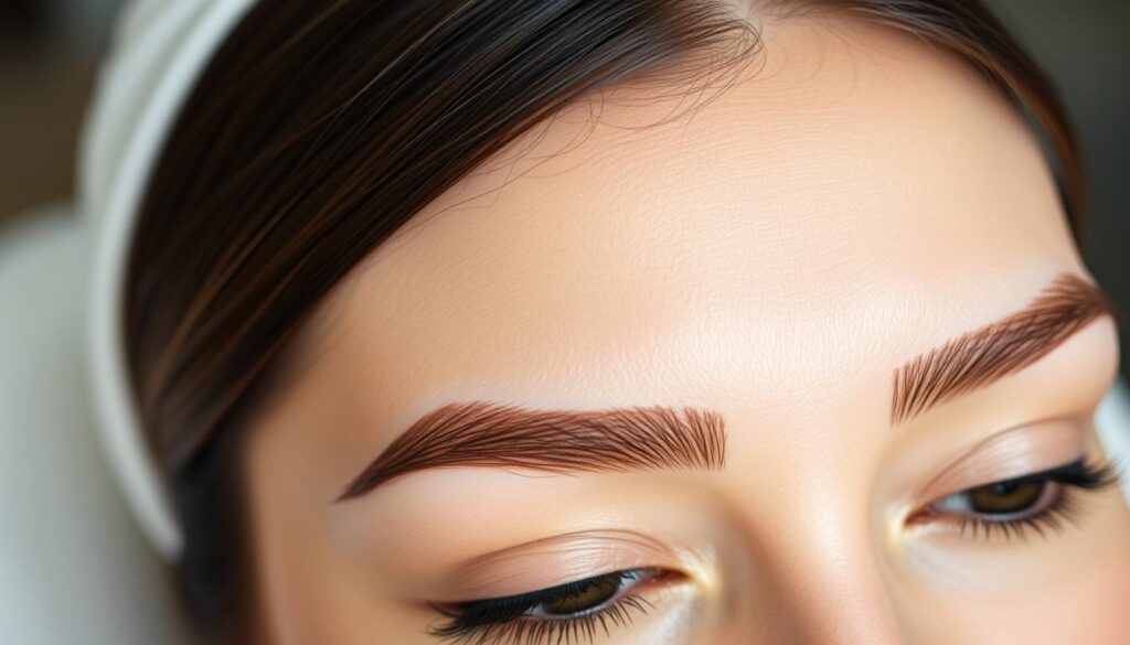 A close-up shot of a woman's perfectly groomed eyebrows, showcasing the natural yet defined shape and fullness achieved through expert eyebrow embroidery. The lighting is soft and flattering, emphasizing the smooth, even texture and the subtle sheen of the brow hairs. The background is blurred, keeping the focus solely on the brows, which appear effortlessly polished and long-lasting. The overall composition conveys a sense of confidence and sophistication, highlighting the customized, high-quality results of the eyebrow treatment.