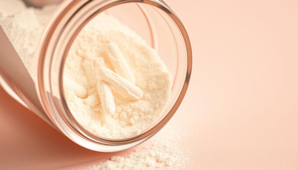 A close-up shot of collagen peptide supplements in an elegant glass container, illuminated by soft, warm lighting. The transparent container reveals the fine, powdery texture of the collagen, with a few scattered flecks or crystals visible. The background is a muted, pastel-toned surface, creating a sense of simplicity and sophistication. The overall composition emphasizes the purity, quality, and premium nature of the collagen supplement, conveying a sense of health, wellness, and luxury.