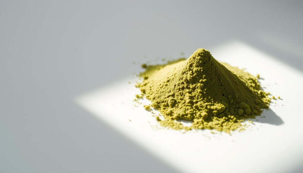 A close-up shot of high-quality matcha powder, delicately illuminated by soft natural light, resting on a pristine white surface. The powder's vibrant green hue is accentuated, revealing its fine, powdery texture. The lighting casts subtle shadows, adding depth and dimension to the composition. The image is captured with a shallow depth of field, gently blurring the background to focus the viewer's attention on the intricate details of the matcha. The overall mood is one of tranquility and refinement, reflecting the care and attention required to select the perfect matcha.