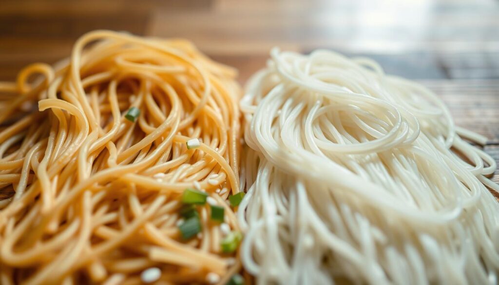 A close-up shot of two types of flat rice noodles - kway teow and lai fun - arranged side by side on a wooden table. The noodles are illuminated by soft, natural lighting, casting subtle shadows. The foreground showcases the distinct textures and shapes of the two varieties, with kway teow appearing wider and more irregular, and lai fun being thinner and more uniform. In the middle ground, a few scattered sesame seeds and chopped scallions add visual interest and a sense of culinary context. The background is slightly blurred, hinting at a minimal, uncluttered setting that allows the noodles to be the focal point.